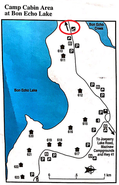 Map of Bon Echo Lake showing boat launch