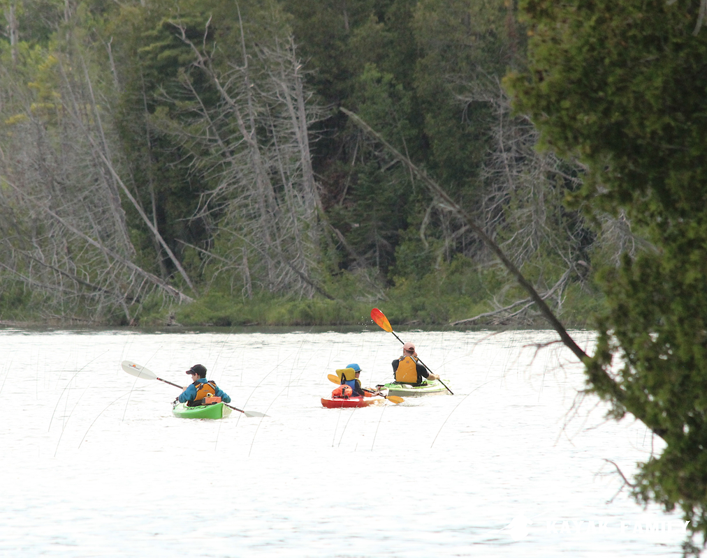 Family kayaking on Emmett Lake in Bruce Peninsula National Park.