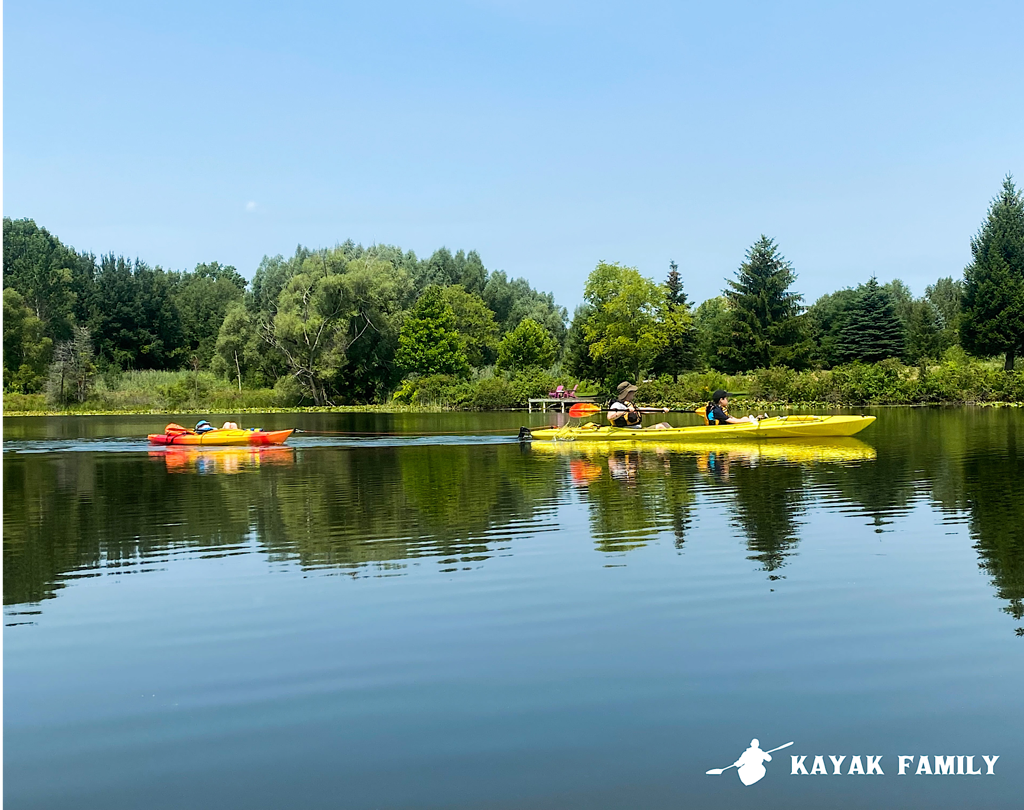 Kayaks on Waterford Ponds in Waterford Ontario.
